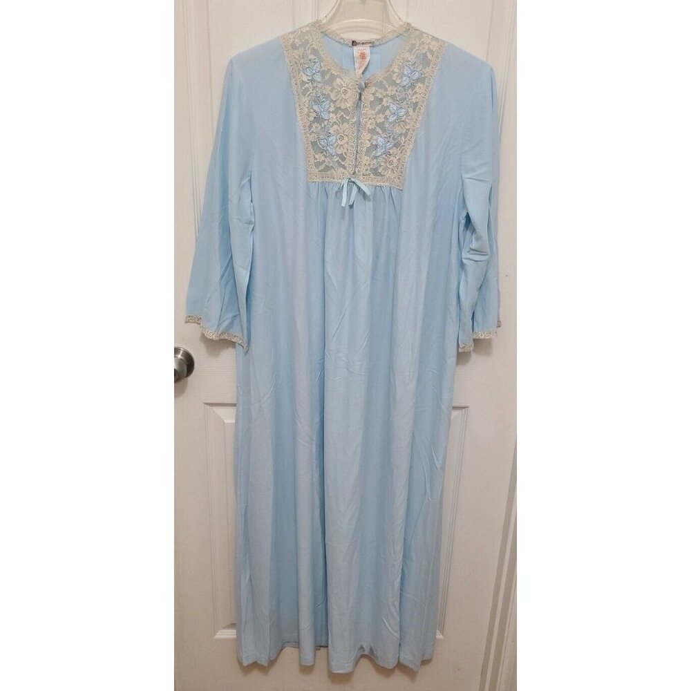 Vtg 50s 60s Macys Marchioness L/S Long Nightgown Lace Neck Blue Acetate Sz 38/40